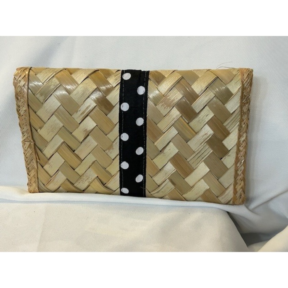 Vintage Depre Bahamas Straw Woven Clutch Black Polka Dot Bow Envelope Style - Picture 14 of 14